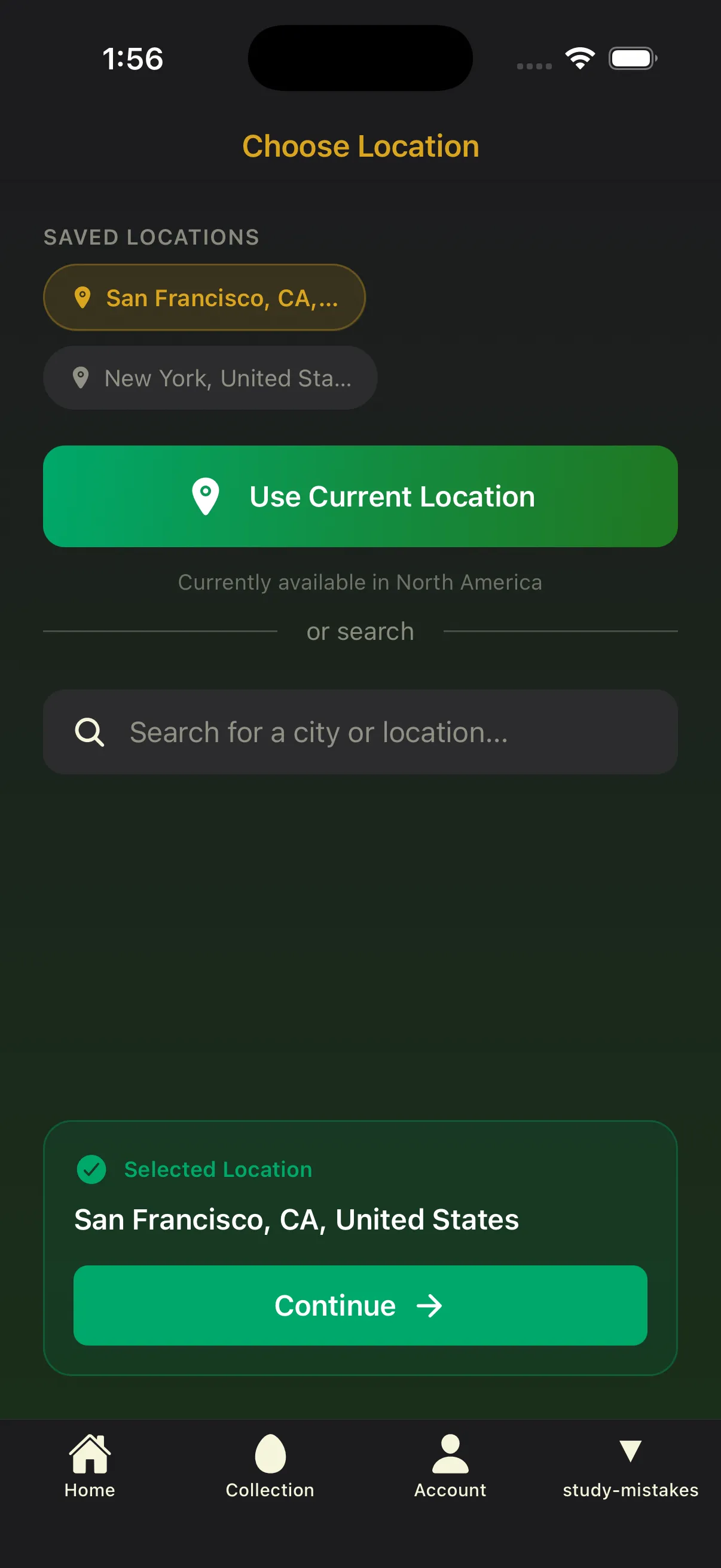 App screen showing a map where you set your birding location